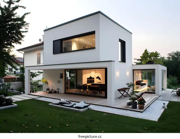 Modern White House Exterior with Large Windows and Outdoor Patio