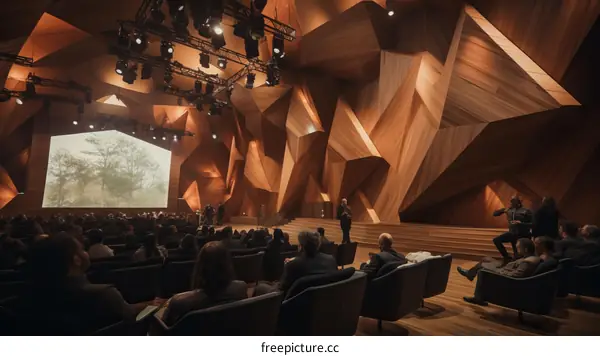 A wooden auditorium with a large screen and a stage