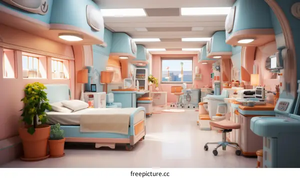 The interior of a futuristic hospital room