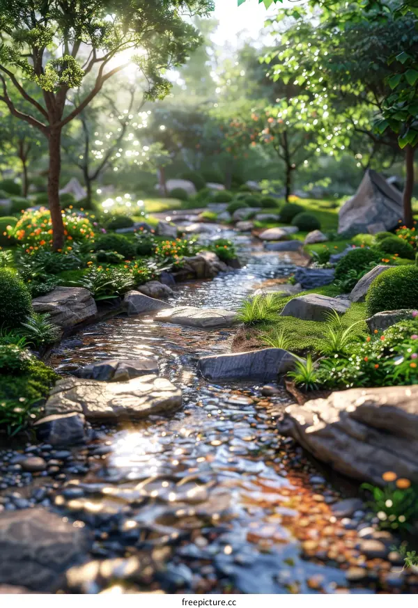 Tranquil Stream Cascading through Verdant Forest