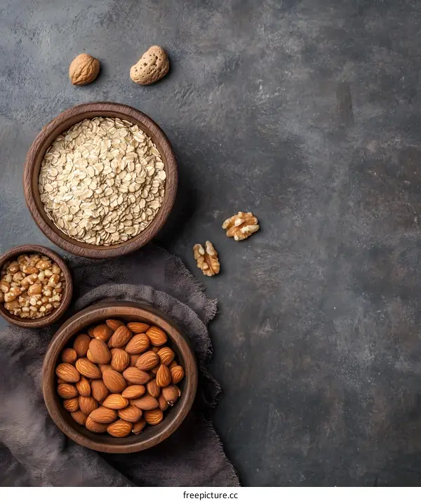 Oatmeal with Almonds and Walnuts on Dark Background