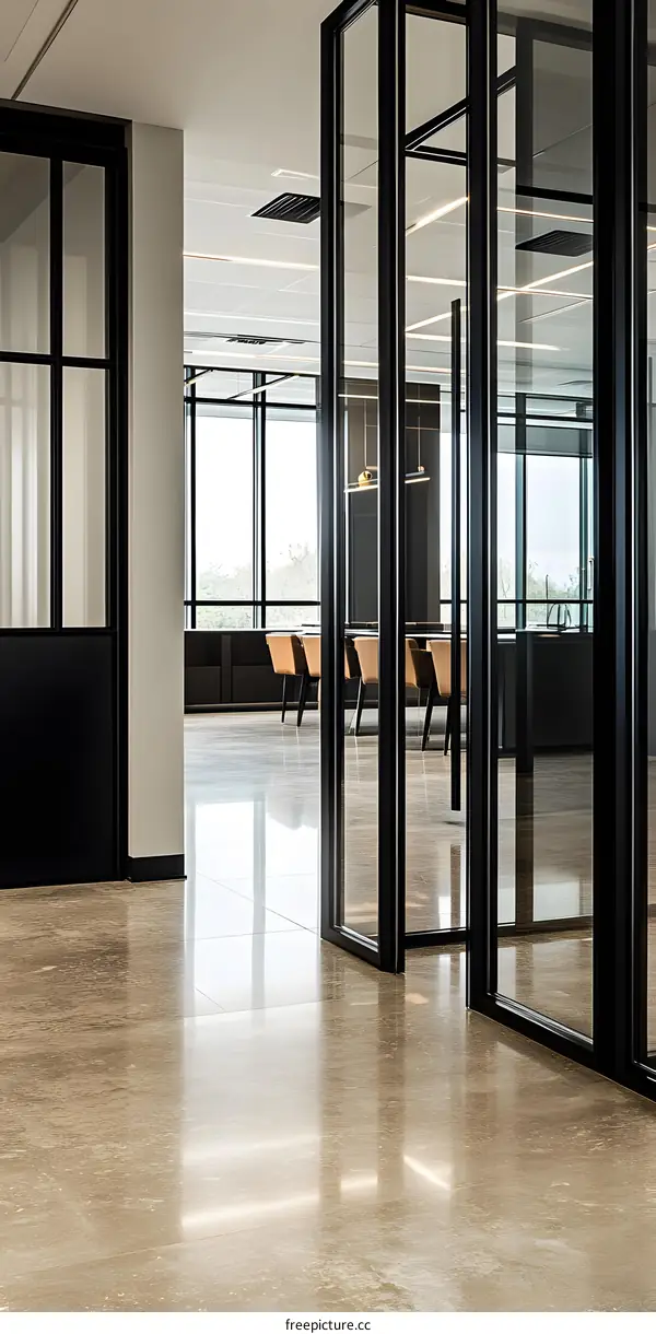 Modern Office Interior Design with Glass Walls and Polished Concrete Floor