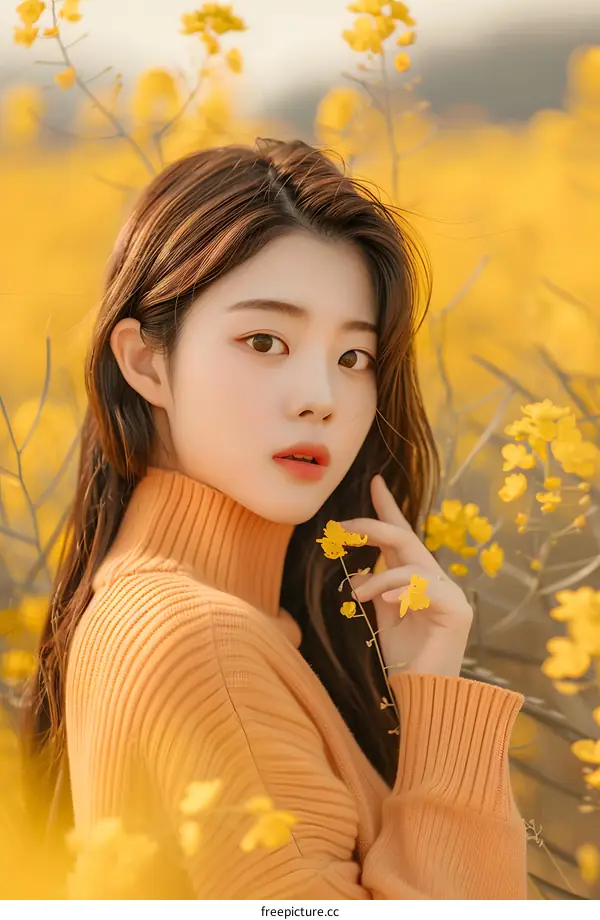 Woman in a Yellow Sweater Posing in a Field of Yellow Flowers