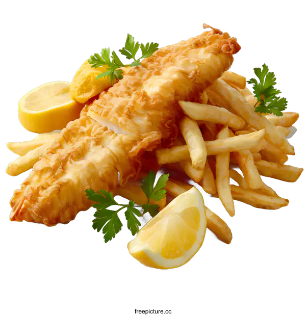 [Transparent Background PNG]Fish and Chips with Lemon and Parsley
