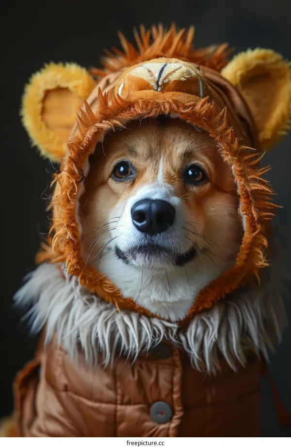 A cute corgi dog wearing a lion costume