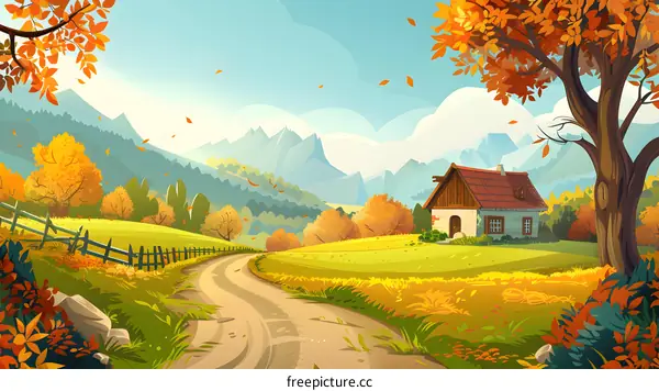 Autumn Landscape With a Small Cottage and Winding Road