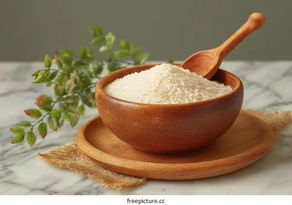 Wooden Bowl of White Rice with Wooden Spoon