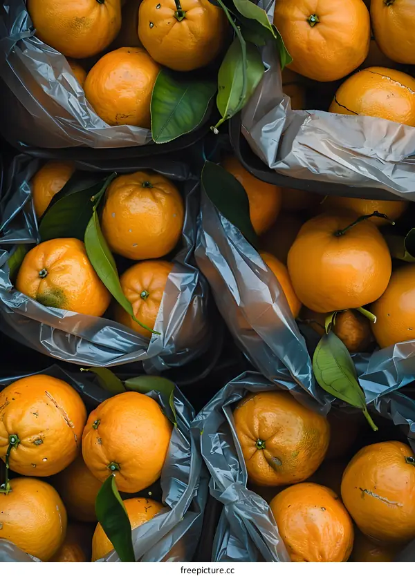 Close up of Oranges in Plastic Bags