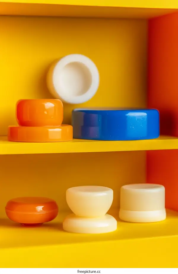 Colorful Geometric Shapes in a Yellow Display Case