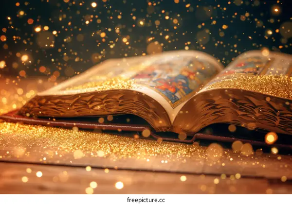 Open book with magic golden glitter light effects