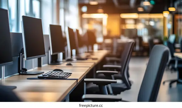Empty Office Workspace With Computers and Desk