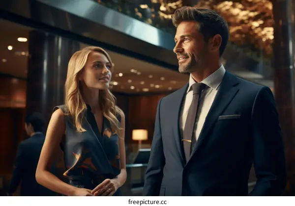 Business professionals in suits talking in a modern office