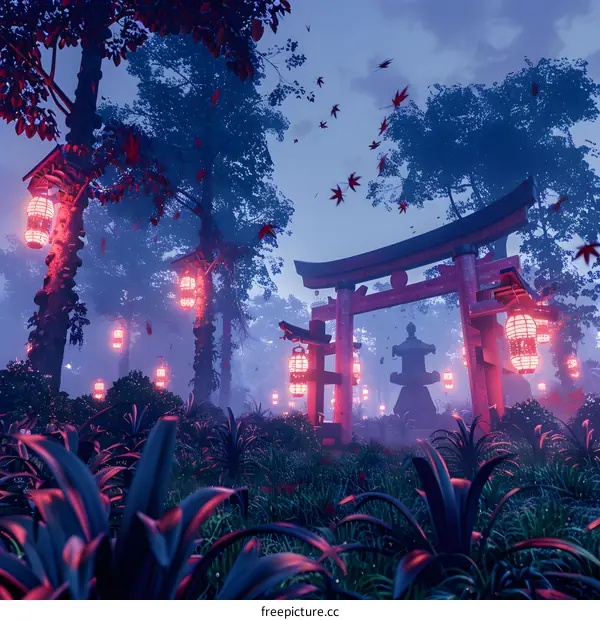 Fantasy landscape with a red gate and lanterns in the forest