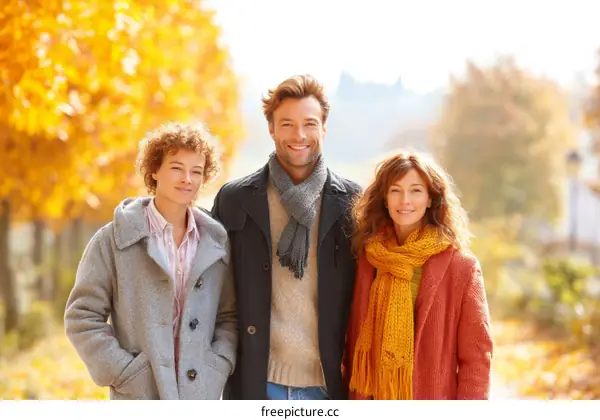 Autumn Stroll of Three Adults