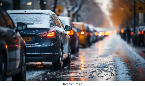 Snowy street with parked cars