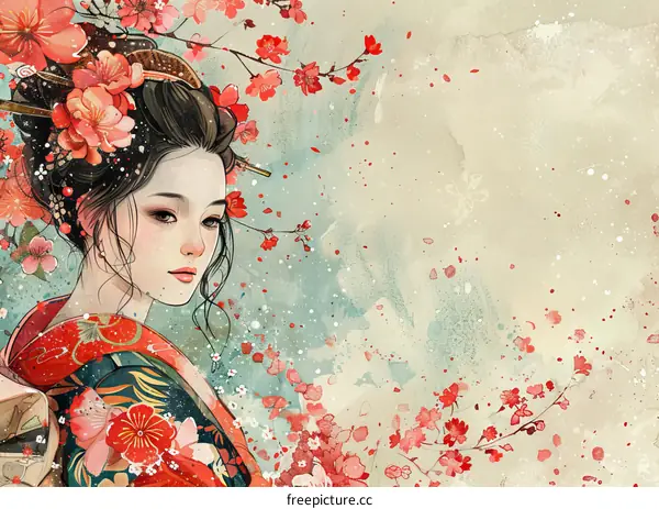 A beautiful Japanese woman in a kimono with cherry blossoms