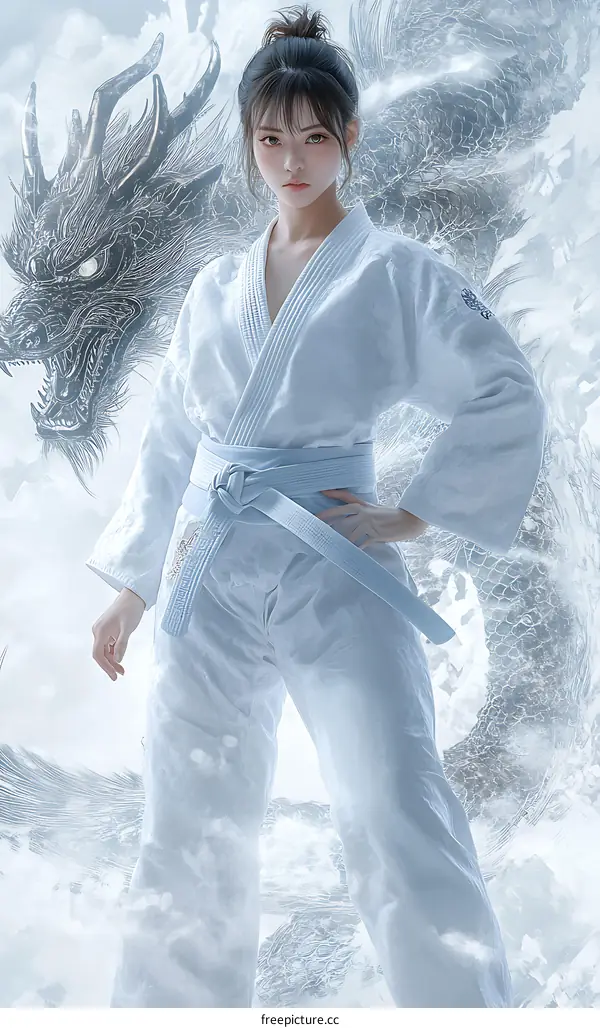 Woman in White Kimono Posing with Dragon