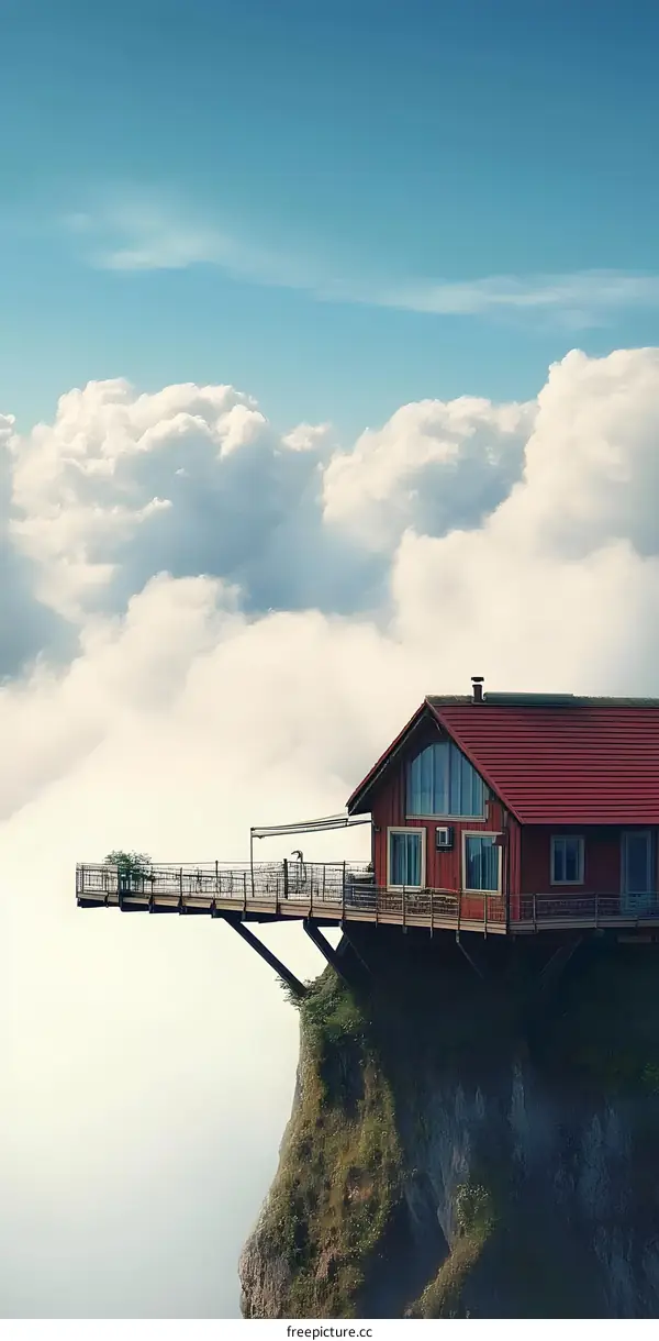 Red House on Cliff with Cloudy Sky