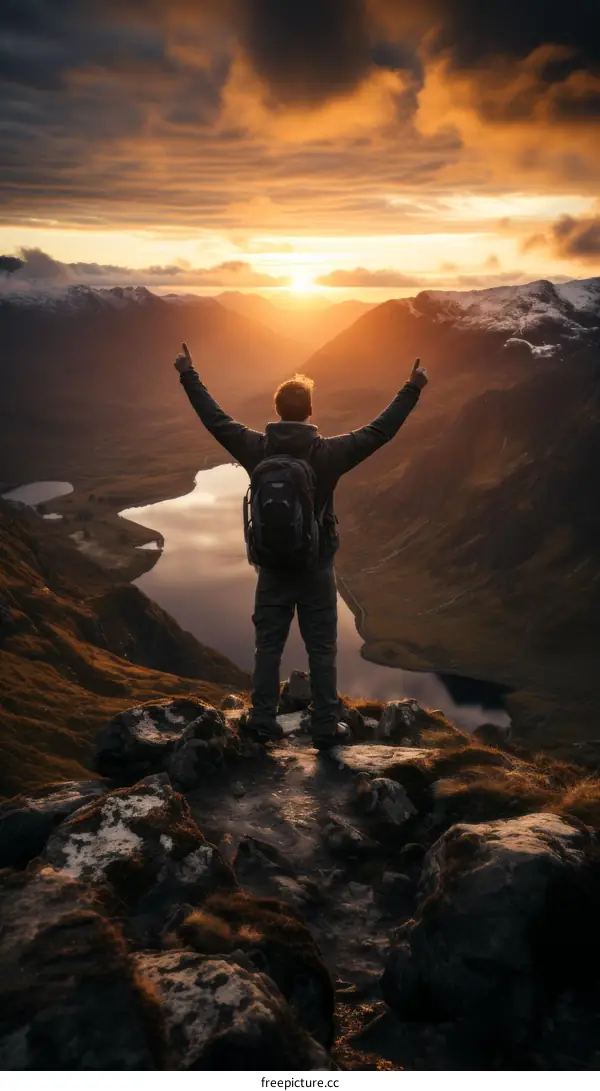 man celebrating mountain summit achievement with sunset