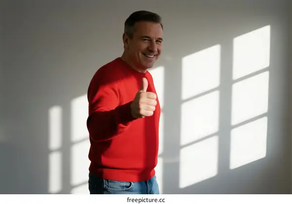Happy man giving thumbs up in a bright room