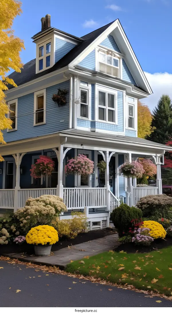 Charming Blue House with White Porch and Autumn Flowers