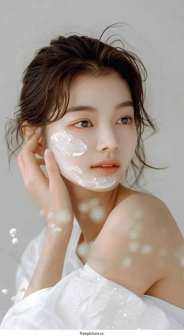 Beautiful Young Asian Woman Applying Face Cream