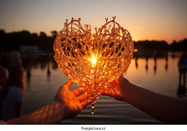 Hands holding a glowing heart-shaped lantern at sunset