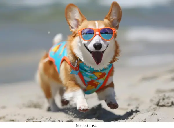 A happy corgi dog wearing sunglasses is running on the beach