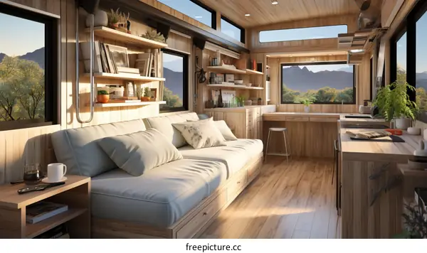 The interior of a cozy and modern tiny house on wheels