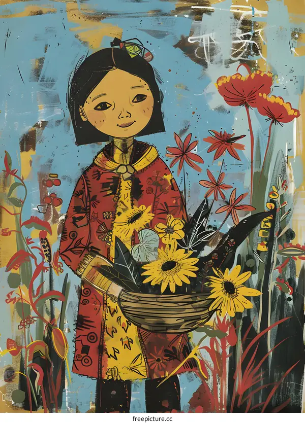 Smiling Girl Holding a Basket of Flowers