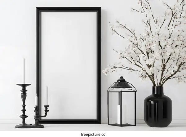 Black Frame Mockup with White Flowers and Candles