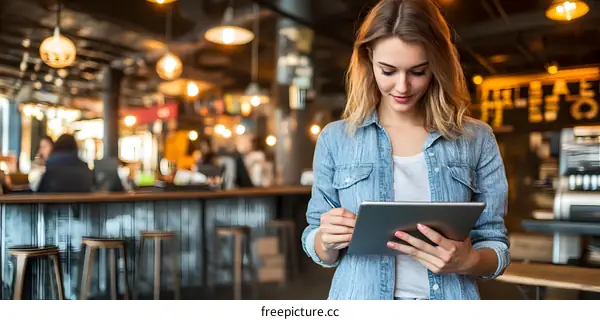 Woman Using Tablet in a Cafe