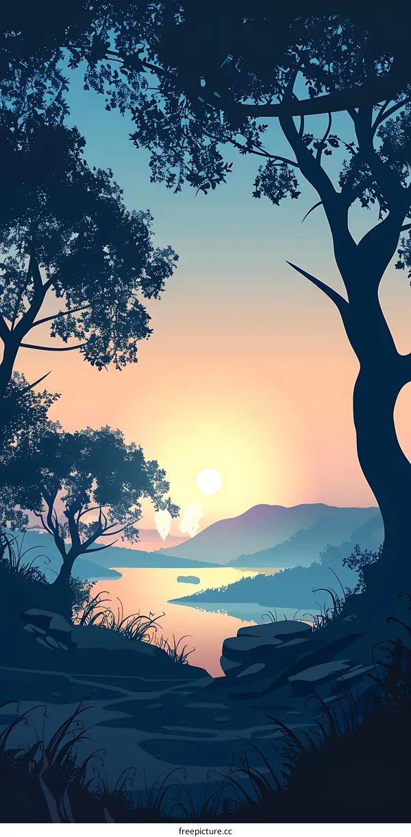 Sunrise Over The Lake With Silhouette Trees