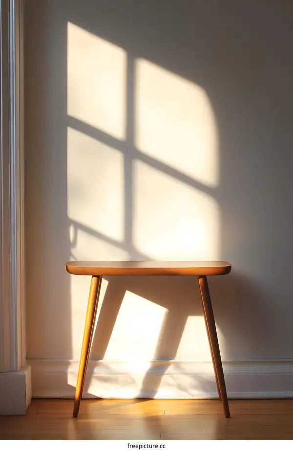 Wooden Bench In A Sunlit Room With A Window Shadow