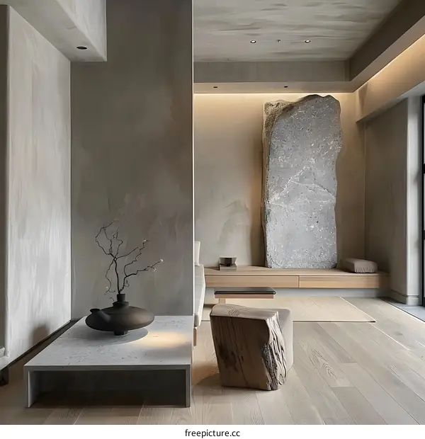 Minimalist Living Room Interior Design With Stone Wall And Wooden Furniture