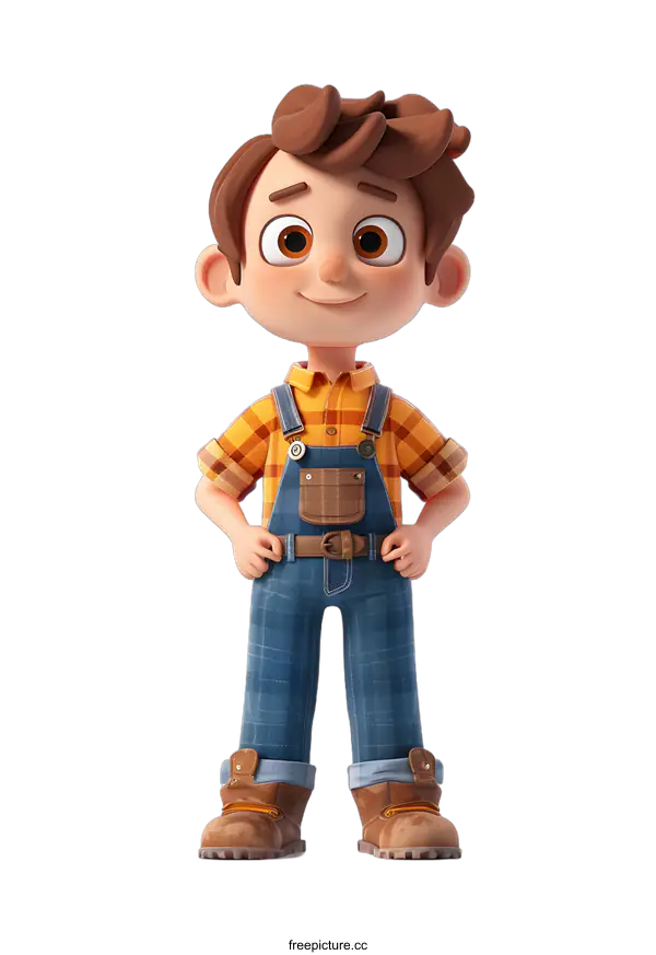 [Transparent Background PNG]Smiling Cartoon Boy in Blue Overalls with Hands on Hips