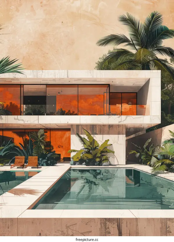 Modernist house with pool and palm trees