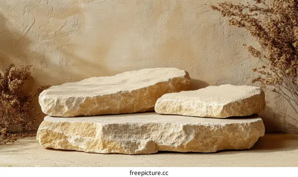 Beige Stone Display Podium with Dried Plants