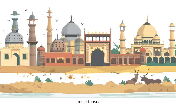 Illustration of the Taj Mahal and other Indian Landmarks