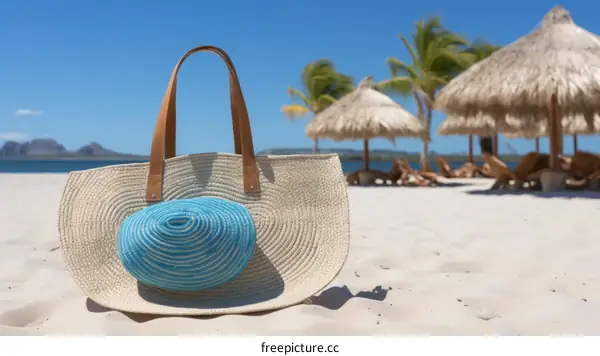Beach tote bag and hat on the sand with the ocean in the background