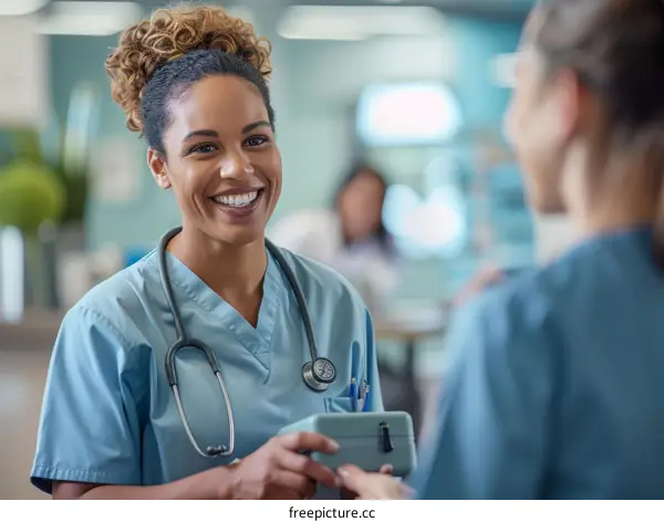 Two nurses are talking and smiling in a hospital.