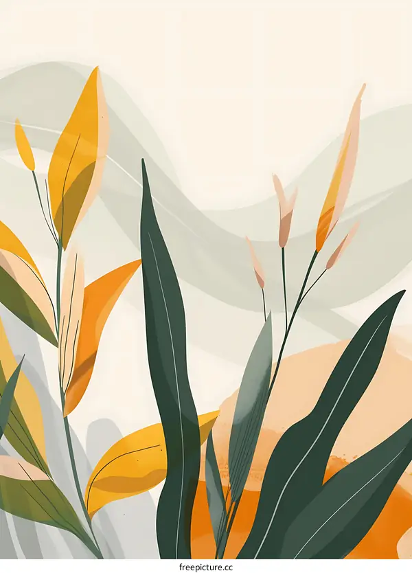 Abstract Minimalist Floral Illustration with Yellow Green and Orange Leaves
