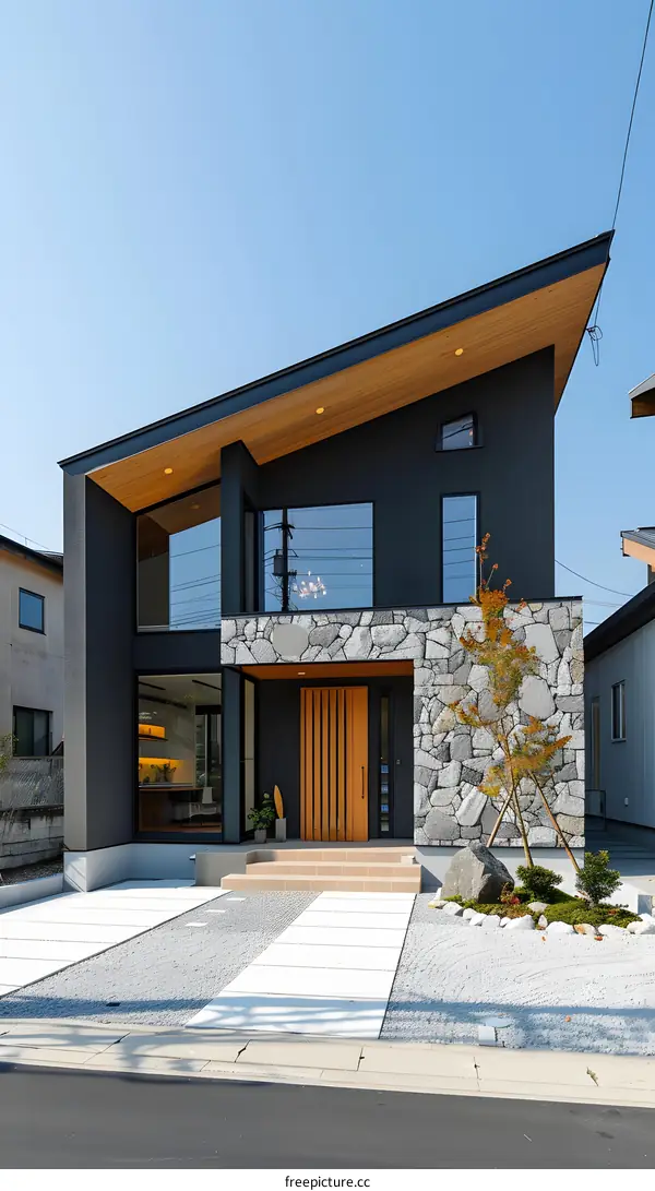 Modern Japanese House with Stone Wall and Wooden Accents
