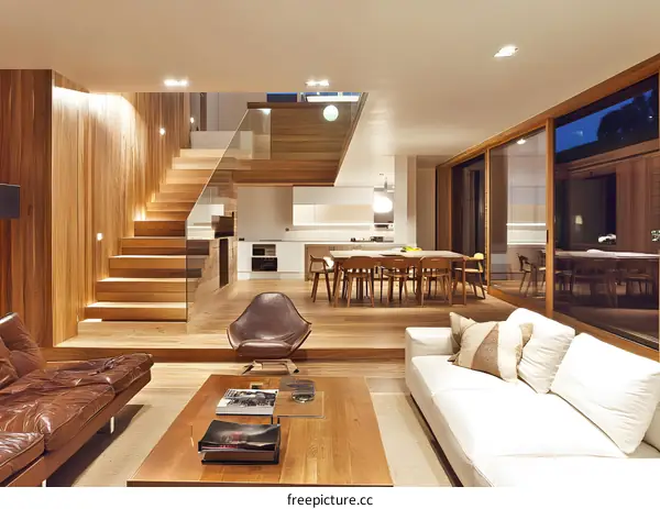 Modern Living Room Interior Design With Wooden Stairs And White Sofa