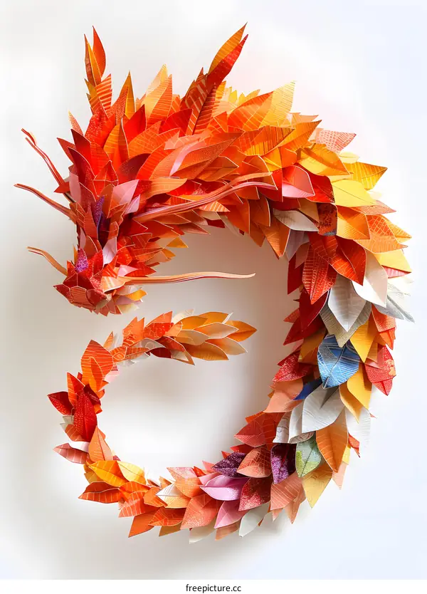 Paper Dragon Sculpture Made With Colorful Leaves