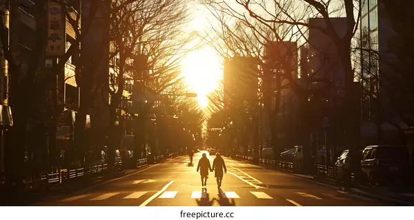 Silhouettes of Two People Walking Towards Sunset on a Street Lined with Trees