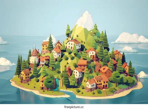 Low Poly Village On A Mountain