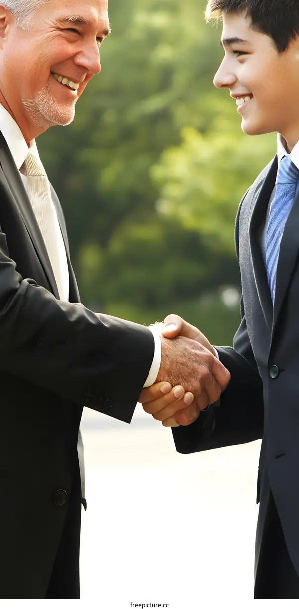 Smiling Businessman Shaking Hands with Younger Colleague