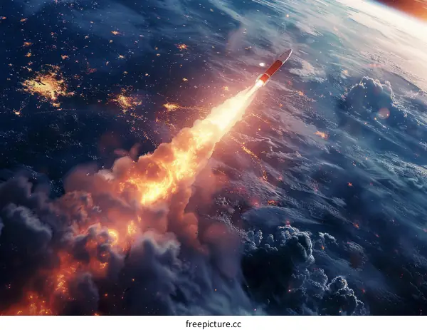 A rocket is launching from the Earth and going into space