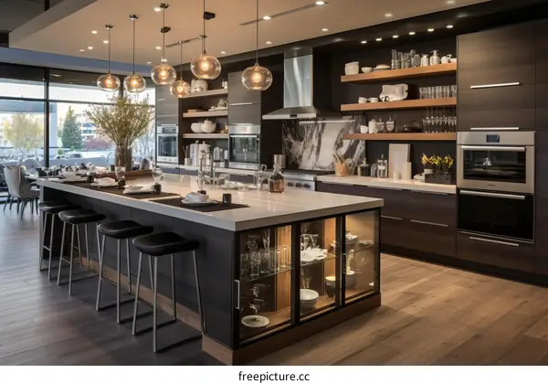 Modern kitchen with kitchen island and dark wood cabinets